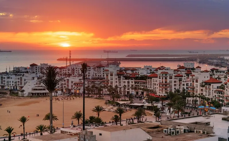 A panoramic view of Agadir showcasing the vibrant city skyline against the backdrop of a serene beach landscape Morocco Travel agnecy