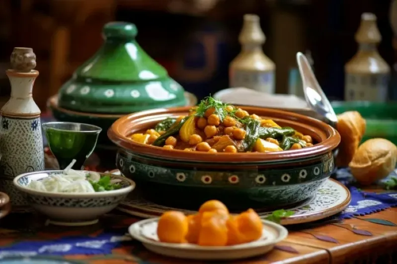 A vibrant display of Moroccan dishes showcasing traditional recipes, featuring spices, vegetables, and aromatic flavors: Cuisine of Morocco