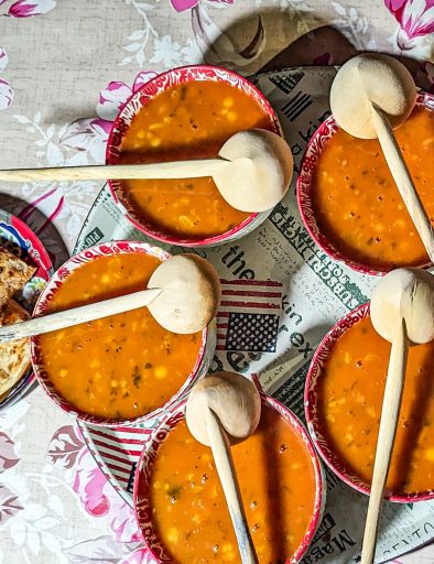 Harira tomato based soup with chickpeas noodles and lentills